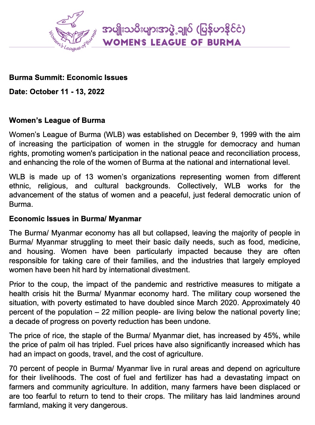 Women's League of Burma's Statements to Burma Summit