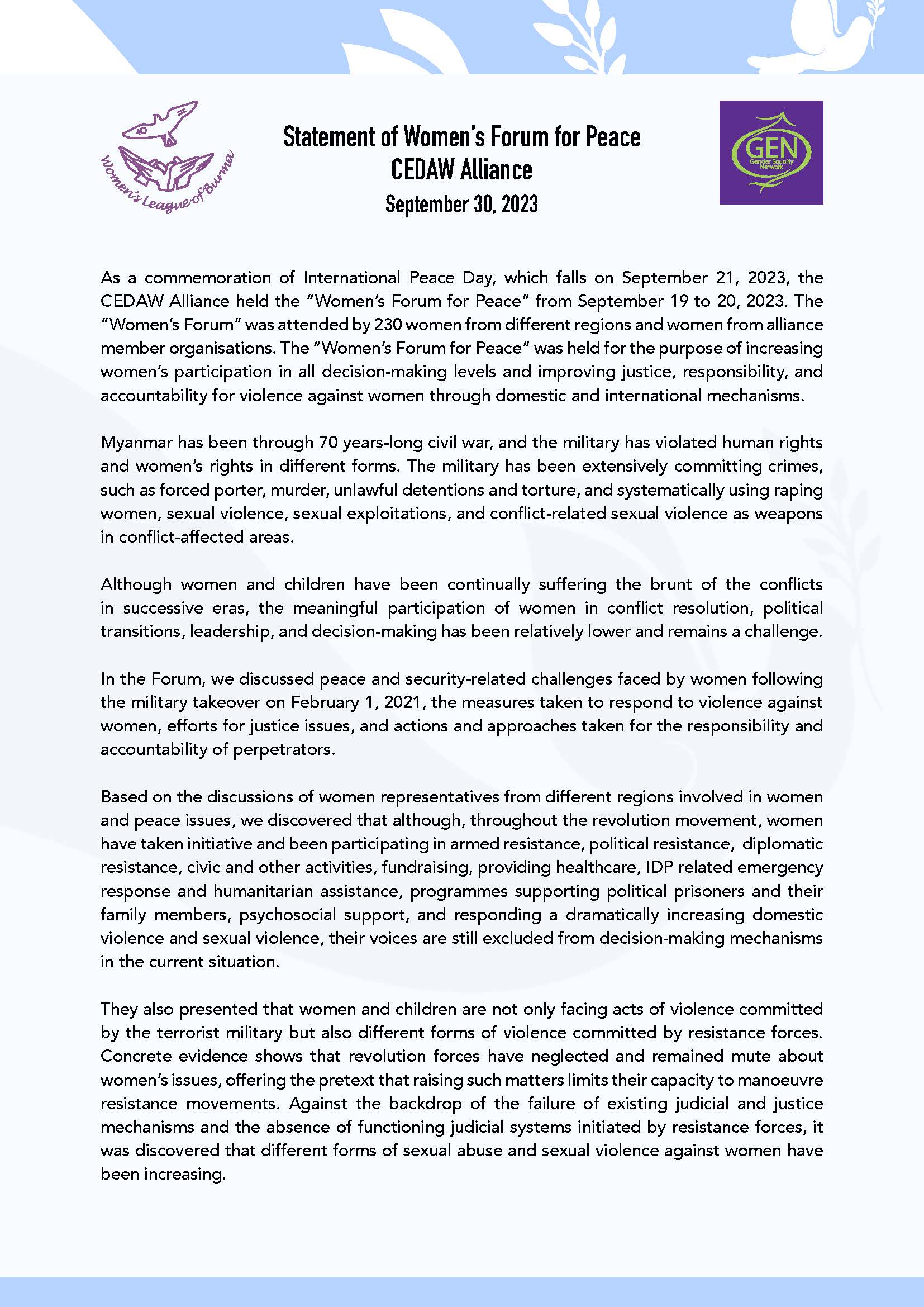 Statement of Women's Forum for Peace (CEDAW Alliance) 